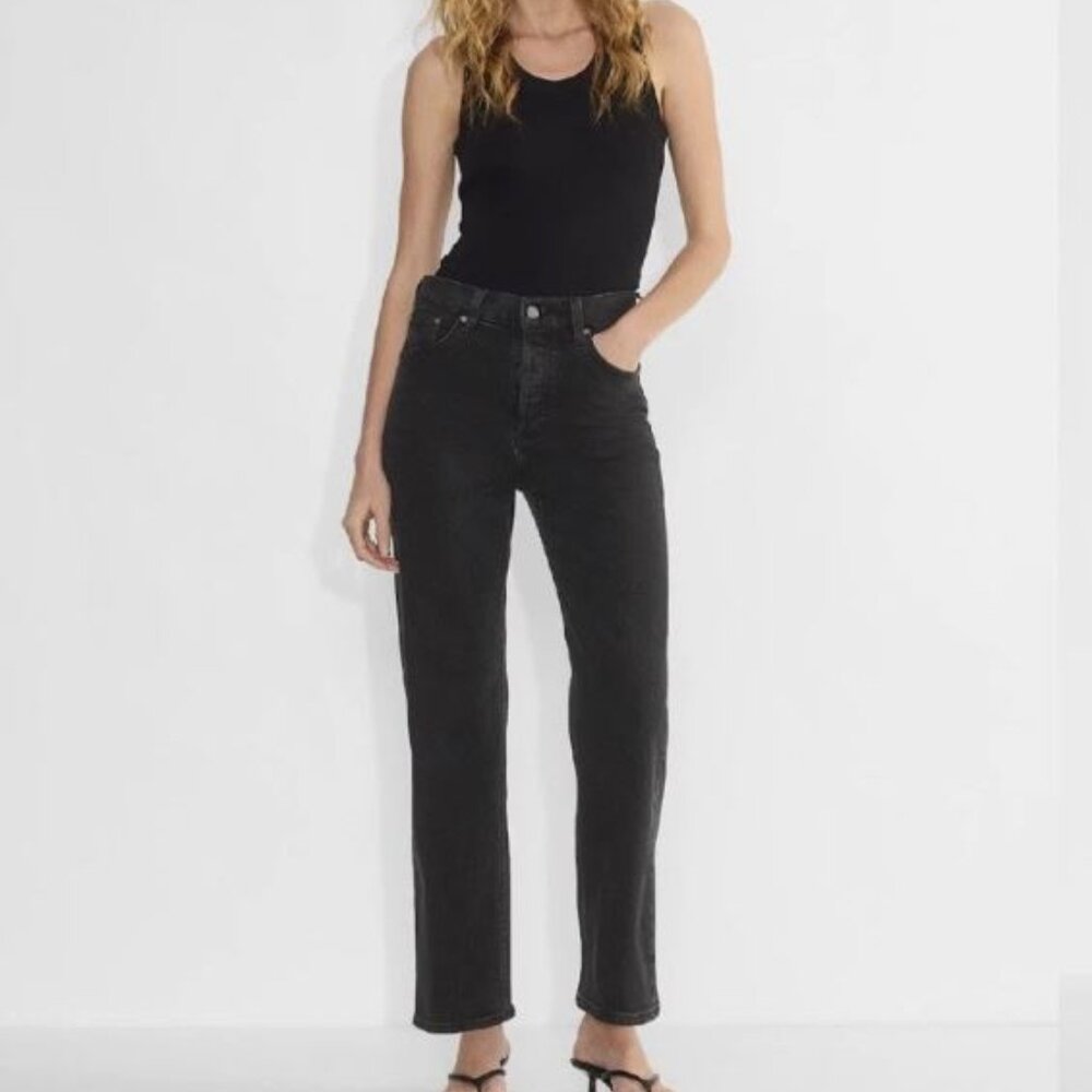 Denim Forum Arlo High Rise Straight Jeans Size 23 Black Organic Cotton Stretch